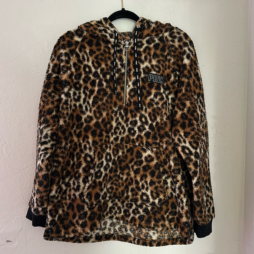 VS PINK leopard Sherpa pullover hoodie sweater zip